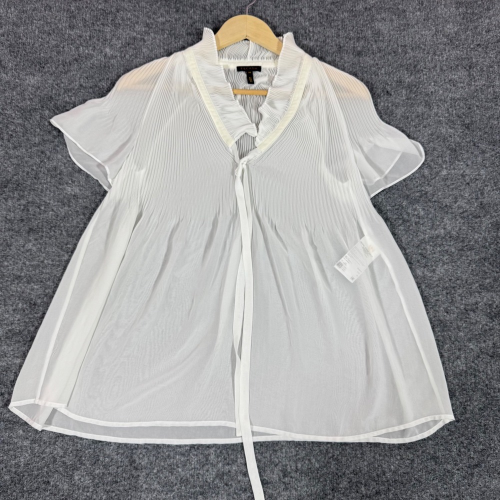 Escada Pleated Chiffon Ruffle Blouse Womens 36 Off White Silk Trim Designer GUC